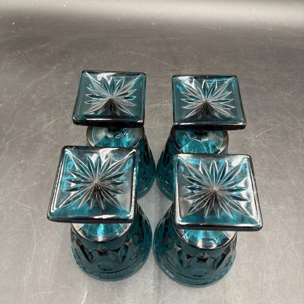 Vtg Indiana Park Lane Teal Blue Glassware 8pc Diamond Starburst Goblets Tumblers